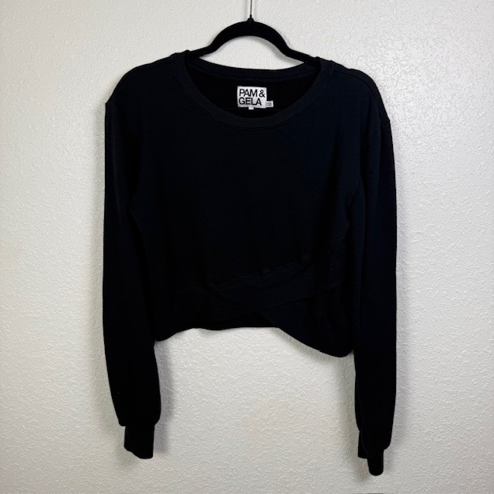 Pam & Gela Cross Waist‎ Cropped Sweatshirt Long Sleeve Pullover Black Small